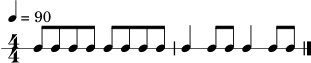 \version "2.22.0"
\header { tagline = "" }
\score {
\new RhythmicStaff {
\numericTimeSignature
\time 4/4
\tempo 4 = 90
c8 c8 c8 c8 c8 c8 c8 c8 | c4 c8 c8 c4 c8 c8 \bar "|."
}
\layout { }
\midi { }
}