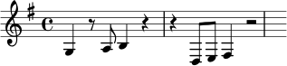\relative c' {
\key g \major
\time 4/4
g4 r8 a8 b4 r4 |
r4 d,8 e8 fis4 r2 |
}