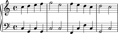 ober = \relative c'' {
\clef treble
\key c \major
\time 4/4
c4 d e f | g2 e | f4 e d c | d2 c |
}
unter = \relative c {
\clef bass
\key c \major
\time 4/4
c4 g c g | c2 c | f,4 c' f c | g2 c |
}
\score {
\new PianoStaff <<
\new Staff \ober
\new Staff \unter
>>
\layout { }
\midi { \tempo 4 = 80 }
}