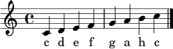 \relative c' {
\clef treble
\key c \major
\time 4/4
c4 d e f | g a b c \bar "|."
}
\addlyrics { c d e f g a h c }