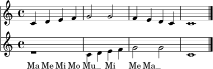 
\version "2.22.0"
\score {
<<
\new Voice = "eins" \relative c' {
  \voiceOne
  \time 4/4
  \key c \major
  c4 d e f | g2 g | f4 e d c | c1 \bar "|."
}
\new Voice = "zwei" \relative c' {
  \voiceTwo
  r1 | c4 d e f | g2 g | c,1
}
\new Lyrics \lyricsto "eins" { Ma Me Mi Mo Mu __ Mi Me Ma __ }
>>
\layout { }
\midi { \tempo 4=80 }
}
