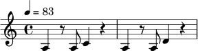 \relative c' {
\tempo 4 = 83
\time 4/4
a4 r8 a8 c4 r4 |
a4 r8 a8 d4 r4 |
}