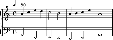 \version "2.22.0"
melodie = \relative c'' { \key a \minor \time 4/4 \tempo 4 = 80 a4 c e d c2 b a4 b c e a,1 \bar "|." }
bass = \relative c { \clef bass \key a \minor \time 4/4 a2 e f e d e a1 \bar "|." }
\score {
\new PianoStaff <<
\new Staff \melodie
\new Staff \bass
>>
\layout { }
\midi { \tempo 4 = 80 }
}