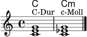 
\version "2.22.0"
\header { tagline = ##f }
\score {
  <<
    \new ChordNames { \chordmode { c1 c:m } }
    \new Staff \relative c' {
      \clef treble
      \key c \major
      \time 4/4
      <c e g>1^\markup { "C-Dur" }
      <c es g>1^\markup { "c-Moll" }
      \bar "|."
    }
  >>
  \layout { }
  \midi { \tempo 4 = 66 }
}
