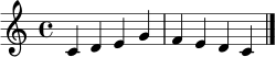 \relative c' { \clef treble \key c \major \time 4/4 c4 d e g f e d c \bar "|." }