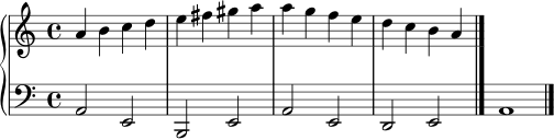 \version "2.24.0"
\score {
\new PianoStaff <<
\new Staff \relative c'' {
\clef treble
\key a \minor
\time 4/4
a4 b c d | e fis gis a | a g f e | d c b a \bar "|."
}
\new Staff \relative c {
\clef bass
\key a \minor
a2 e | b e | a e | d e | a1 \bar "|."
}
>>
\layout { }
\midi { }
}