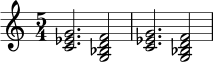 \relative c' {
\time 5/4
<c ees g>2. <g bes d f>2 |
<c ees g>2. <g bes d f>2 |
}