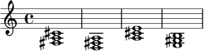 {
\time 4/4
<fis a cis'>1
<d fis a>1
<a cis' e'>1
<e gis b>1
}