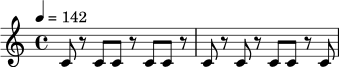 \relative c' {
\time 4/4
\tempo 4 = 142
c8 r c c r c c r |
c r c r c c r c |
}
