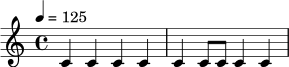 \version "2.24.0"
\drummode {
\time 4/4
\tempo 4 = 125
bd4 sn bd sn |
bd4 sn8 bd sn4 bd |
}