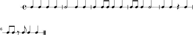 \version "2.24.0"
\header { tagline = ##f }
\score {
\new RhythmicStaff {
\time 4/4
c4 c4 c4 c4 |
c2 c4 c4 |
c4 c8 c8 c4 c4 |
c8 c8 c4 c2 |
c4 c4 r4 c4 |
c8 c8 r8 c8 c4 c4 |
\bar "|."
}
\layout { ragged-right = ##t }
\midi { \tempo 4 = 82 }
}