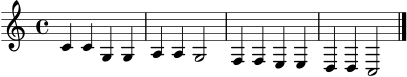 
\score {
  \new Staff \relative c' {
    \clef treble
    \key c \major
    \time 4/4
    c4 c g g | a a g2 | f4 f e e | d d c2 \bar "|."
  }
  \layout { }
  \midi { \tempo 4 = 96 }
}
