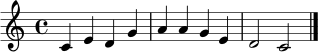 \relative c' { \time 4/4 \key c \major c4 e d g | a a g e | d2 c2 \bar "|." }