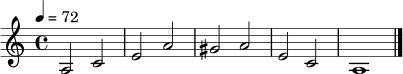 \relative c' { \key a \minor \time 4/4 \tempo 4 = 72 a2 c e a gis a e c a1 \bar "|." }