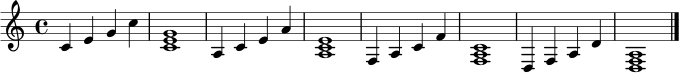 \relative c' { \time 4/4 c4 e g c | <c, e g>1 | a4 c e a | <a, c e>1 | f4 a c f | <f, a c>1 | d4 f a d | <d, f a>1 \bar "|." }