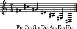 \relative c' {
\clef treble
\time 7/4
fis4 cis' gis dis ais eis bis \bar "|."
}
\addlyrics { Fis Cis Gis Dis Ais Eis His }