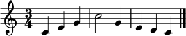 \relative c' { \clef treble \time 3/4 c4 e g | c2 g4 | e4 d c | \bar "|." }