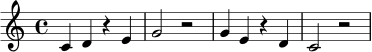 \relative c' {
\clef treble
\key c \major
\time 4/4
c4 d r4 e | g2 r2 | g4 e r4 d | c2 r2
}