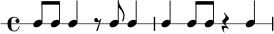 
\new RhythmicStaff {
  \time 4/4
  c8 c c4 r8 c c4 |
  c4 c8 c r4 c4 |
}
