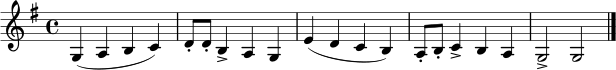 \relative c' {
\clef treble
\time 4/4
\key g \major
g4( a b c) | d8-. d-. b4-> a g | e'4( d c b) | a8-. b-. c4-> b a | g2-> g2 \bar "|."
}
