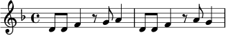 
\relative c' {
  \key d \minor
  \time 4/4
  d8 d f4 r8 g8 a4 |
  d,8 d f4 r8 a8 g4 |
}
