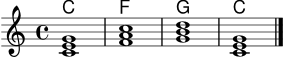 \score {
<<
\new ChordNames { \chordmode { c1 f g c } }
\new Staff {
\key c \major \time 4/4
<c' e' g'>1 | <f' a' c''>1 | <g' b' d''>1 | <c' e' g'>1 \bar "|."
}
>>
\layout { }
\midi { \tempo 4 = 80 }
}