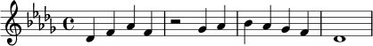 \relative c' {
\key des \major
\time 4/4
des4 f aes f |
r2 ges4 aes |
bes4 aes ges f |
des1 |
}
