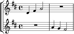 \new StaffGroup <<
\new Staff \relative c' {
\key d \major
\time 4/4
d4 fis a2 | R1
}
\new Staff \relative c'' {
\key d \major
\time 4/4
R1 | a4 g fis2
}
>>
