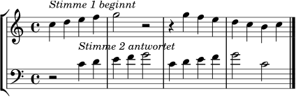 \version "2.24.0"
\header { tagline = ##f }
\score {
\new StaffGroup <<
\new Staff \relative c'' {
\clef treble
\key c \major
\time 4/4
c4^\markup { \italic "Stimme 1 beginnt" } d e f |
g2 r |
r4 g f e |
d c b c \bar "|."
}
\new Staff \relative c' {
\clef bass
\key c \major
\time 4/4
r2 c4^\markup { \italic "Stimme 2 antwortet" } d |
e f g2 |
c,4 d e f |
g2 c, \bar "|."
}
>>
\layout { }
\midi { \tempo 4 = 72 }
}
