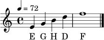 \relative c' { \set Staff.midiInstrument = "acoustic grand" \tempo 4 = 72 \clef treble \time 4/4 e4 g b d | f1 \bar "|." }
\addlyrics { E G H D F }