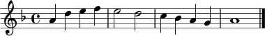 
\relative c'' {
  \set Staff.midiInstrument = "flute"
  \clef treble
  \key d \minor
  \time 4/4
  a4 d e f | e2 d | c4 bes a g | a1 \bar "|."
}
