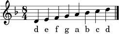 \relative c' { \clef treble \key d \minor \time 8/4 d4 e f g a bes c d \bar "|." }
\addlyrics { d e f g a b c d }