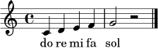 \relative c' { \time 4/4 \key c \major c4 d e f | g2 r2 \bar "|." }
\addlyrics { do re mi fa sol }