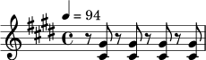 \relative c' {
\key cis \minor
\time 4/4
\tempo 4 = 94
r8 <cis gis'>8 r8 <cis gis'>8 r8 <cis gis'>8 r8 <cis gis'>8
}