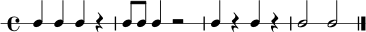 
\header { tagline = ##f }
\score {
  \new RhythmicStaff {
    \time 4/4
    c4 c c r |
    c8 c c4 r2 |
    c4 r c r |
    c2 c \bar "|."
  }
  \layout { indent = 0 }
  \midi { \tempo 4 = 88 }
}
