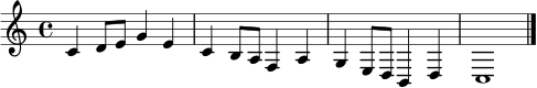 \relative c' {
\clef treble
\key c \major
\time 4/4
c4 d8 e g4 e | c4 b8 a f4 a | g4 e8 d b4 d | c1 \bar "|."
}