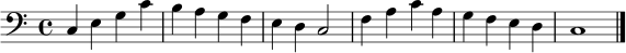 
\version "2.22.0"
\paper { indent = 0\mm tagline = ##f }
\score {
  \relative c {
    \clef bass
    \key c \major
    \time 4/4
    c4 e g c
    b a g f
    e d c2
    f4 a c a
    g f e d
    c1
    \bar "|."
  }
  \layout { }
  \midi { \tempo 4 = 84 }
}
