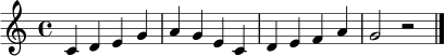 \relative c' { \time 4/4 \key c \major c4 d e g | a g e c | d e f a | g2 r2 \bar "|." }