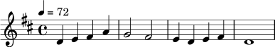 \relative c' {
\key d \major
\time 4/4
\tempo 4 = 72
d4 e fis a |
g2 fis |
e4 d e fis |
d1
}