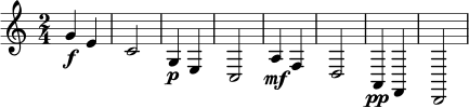 \version "2.20.0"
\paper { indent = 0\mm }
\header { tagline = ##f }
\score {
\new Staff {
\clef treble
\time 2/4
\relative c'' {
g4\f e |
c2 |
g4\p e |
c2 |
a'4\mf f |
d2 |
a4\pp f |
d2 |
}
}
\layout { }
\midi { \tempo 4 = 84 }
}