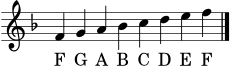 \version "2.24.0"
\language "deutsch"
\header { tagline = ##f }
\score {
<<
\new Staff \with { \remove "Time_signature_engraver" } {
\clef treble
\key f \major
\cadenzaOn
f'4 g' a' b' c'' d'' e'' f''
\bar "|."
}
\addlyrics { F G A B C D E F }
>>
\layout { }
\midi { \tempo 4 = 84 }
}