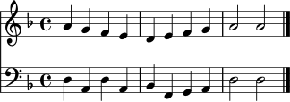 
<<
  \new Staff \relative c'' {
    \key d \minor
    \time 4/4
    a4 g f e | d e f g | a2 a \bar "|."
  }
  \new Staff \relative c {
    \clef bass
    \key d \minor
    \time 4/4
    d4 a d a | bes f g a | d2 d \bar "|."
  }
>>
