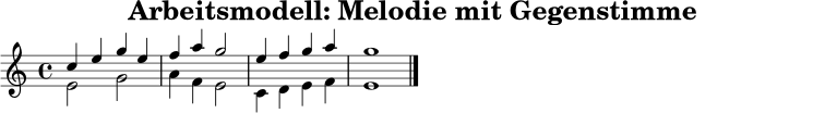 \version "2.22.0"
\paper { indent = 0\mm }
\header { title = "Arbeitsmodell: Melodie mit Gegenstimme" tagline = ##f }
melodie = \relative c'' { \time 4/4 \key c \major c4 e g e | f a g2 | e4 f g a | g1 \bar "|." }
gegenstimme = \relative c' { \time 4/4 \key c \major e2 g | a4 f e2 | c4 d e f | e1 \bar "|." }
\score {
\new Staff <<
\clef treble
\new Voice { \voiceOne \melodie }
\new Voice { \voiceTwo \gegenstimme }
>>
\layout { }
\midi { \tempo 4 = 78 }
}