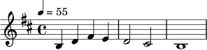 \relative c' {
\key b \minor
\time 4/4
\tempo 4 = 55
b4 d fis e |
d2 cis |
b1
}