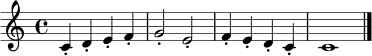 \relative c' { \clef treble \time 4/4 \key c \major c4-. d-. e-. f-. | g2-. e-. | f4-. e-. d-. c-. | c1 \bar "|." }