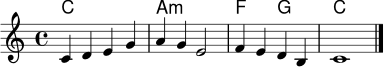 \paper { indent = 0 }
\header { tagline = ##f }
melodie = \relative c' { \clef treble \key c \major \time 4/4 c4 d e g | a4 g e2 | f4 e d b | c1 \bar "|." }
harmonien = \chordmode { c1 | a:m | f2 g2 | c1 }
\score {
<<
\new ChordNames \harmonien
\new Staff \melodie
>>
\layout { }
\midi { \tempo 4 = 92 }
}