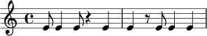 \relative c' {
\time 4/4
e8 e4 e8 r4 e4 |
e4 r8 e8 e4 e4 |
}