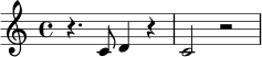 \relative c' { \time 4/4 r4. c8 d4 r4 | c2 r2 | }