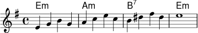 <<
\new ChordNames \chordmode { e1:m a1:m b1:7 e1:m }
\new Staff \relative c' {
\key e \minor
\time 4/4
e4 g b g | a4 c e c | b4 dis fis dis | e1
}
>>