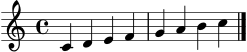 \version "2.22.0"
\language "deutsch"
\header { tagline = "" }
\score {
\new Staff \relative c' {
\clef treble
\time 4/4
c4 d e f
g a h c
\bar "|."
}
\layout { }
\midi { \tempo 4 = 72 }
}